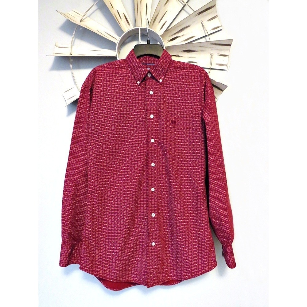 Panhandle Rough Stock Western Button Up Shirt Medium Red Geo Print 100% Cotton